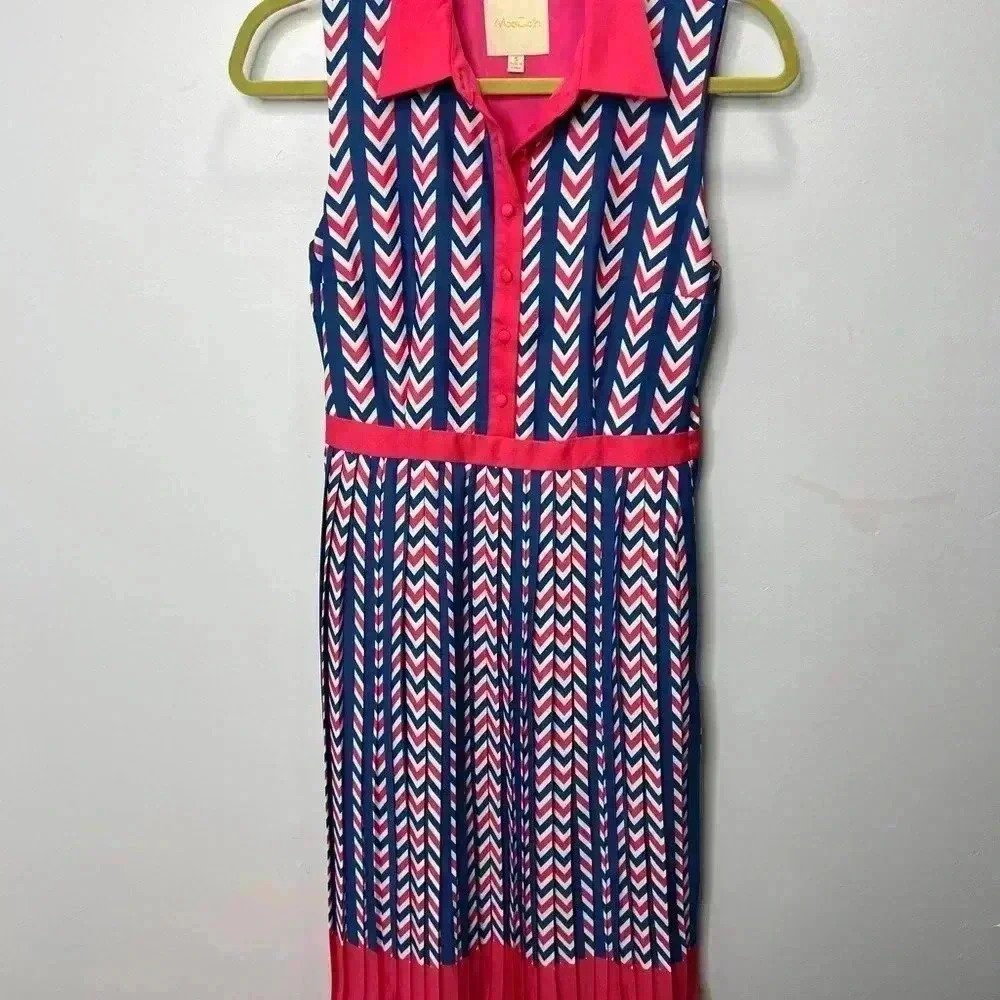 ModCloth blue pink white chevron retro pleated collared midi dress - Picture 2 of 4